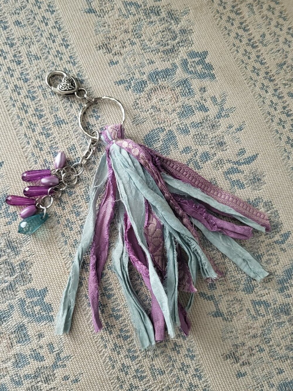 Handmade Recycled Sari Silk Tassel Keychain Boho Bead Charm Purse Accessories